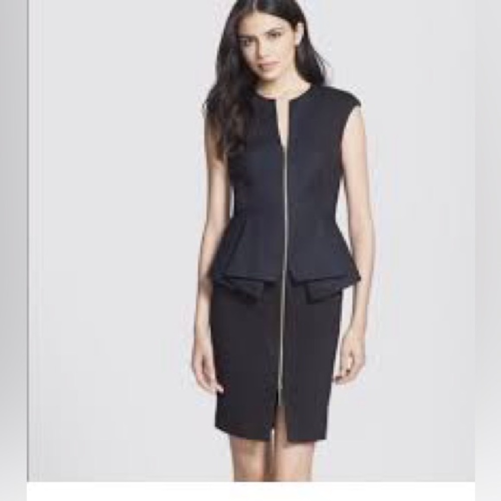 Ted Baker Black  Peplum Dress with Gold Zipper, Size 2 =‎ 6 US, Lined